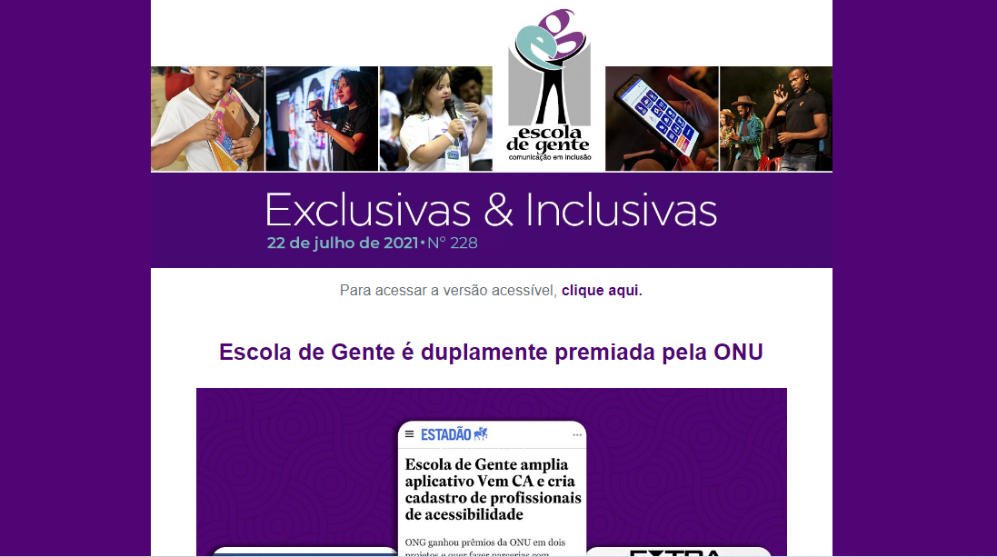 Página em formato quadrangular. No cabeçalho, aparece a logomarca da Escola de Gente e 5 fotos que mostram diversos momentos. Nelas, aparecem pessoas com e sem deficiência, de diferentes idades e tons de pele. Abaixo, a identificação 